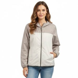 Eddie Bauer | Light Grey Beige and White Hooded Windbreaker Jacket with Pockets
